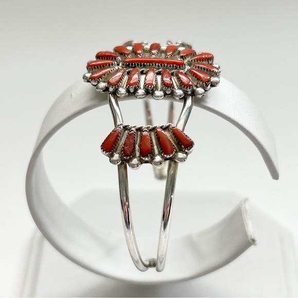Vintage Milburn Dishta Red Coral Needlepoint Cluster Sterling Silver Cuff - Picture 5 of 11
